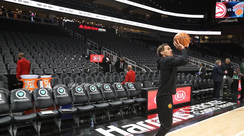 This guy should be good anywhere , from any range - here Trae Young works on his 3-pointer in an empty arena in early March. (Curtis Compton ccompton@ajc.com)