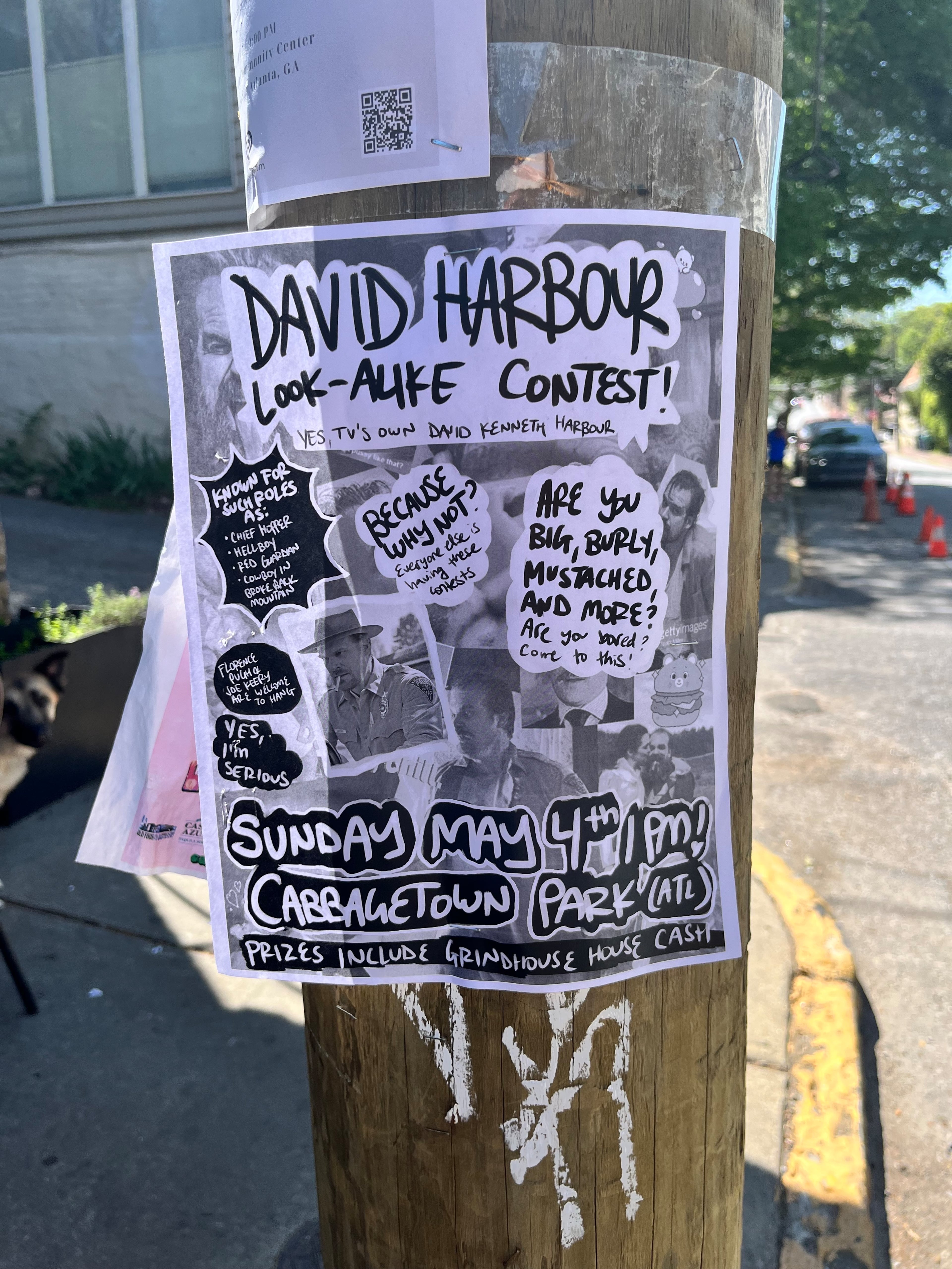The poster for the David Harbour look-alike contest stapled to a post announced the event at Cabbagetown Park May 4. (Yvonne Zusel/AJC)