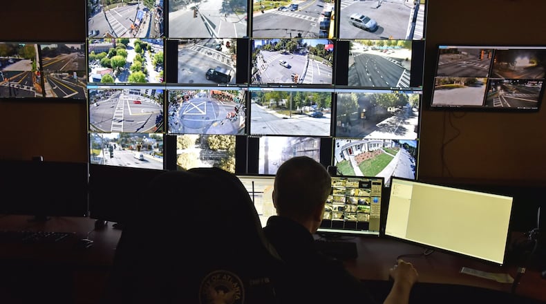 October 22, 2019 Atlanta - APD officer Charles Schiffbauer monitors surveillance cameras at Loudermilk Video Integration Center in Atlanta on Tuesday, October 22, 2019. If you’re in Atlanta, you’re probably on camera. Data from tech research firm Comparitech finds roughly 15 security cameras for every 1,000 residents, making us the only U.S. city to crack the top 10 in a study of the world’s most surveilled places. (Hyosub Shin / Hyosub.Shin@ajc.com)