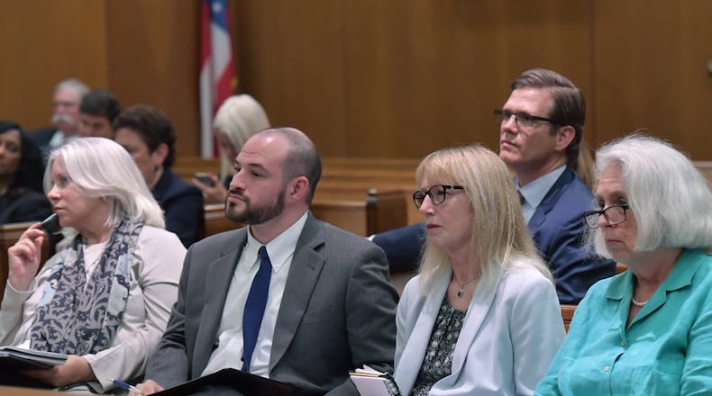 May 7, 2019 Atlanta - From left: Plaintiff Marilyn Marks, attorney Justin Berger, plaintiff Rhonda Martin, plaintiff Smythe DuVal and plaintiff Jeanne DuFort listen during a hearing at Georgia Supreme Court on Tuesday, May 7, 2019. The Georgia Supreme Court is considering an appeal Tuesday of a case alleging tens of thousands of votes disappeared in the race for lieutenant governor. HYOSUB SHIN / HSHIN@AJC.COM