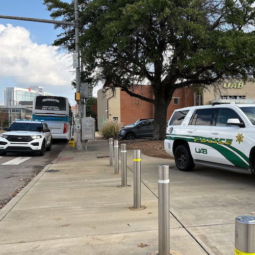 University of Alabama at Birmingham police attend to the scene of a stabbing Saturday, Nov. 22, 2025, at the campus Football Operations Center in Birmingham, Ala. (Diane Mwai/al.com via AP)