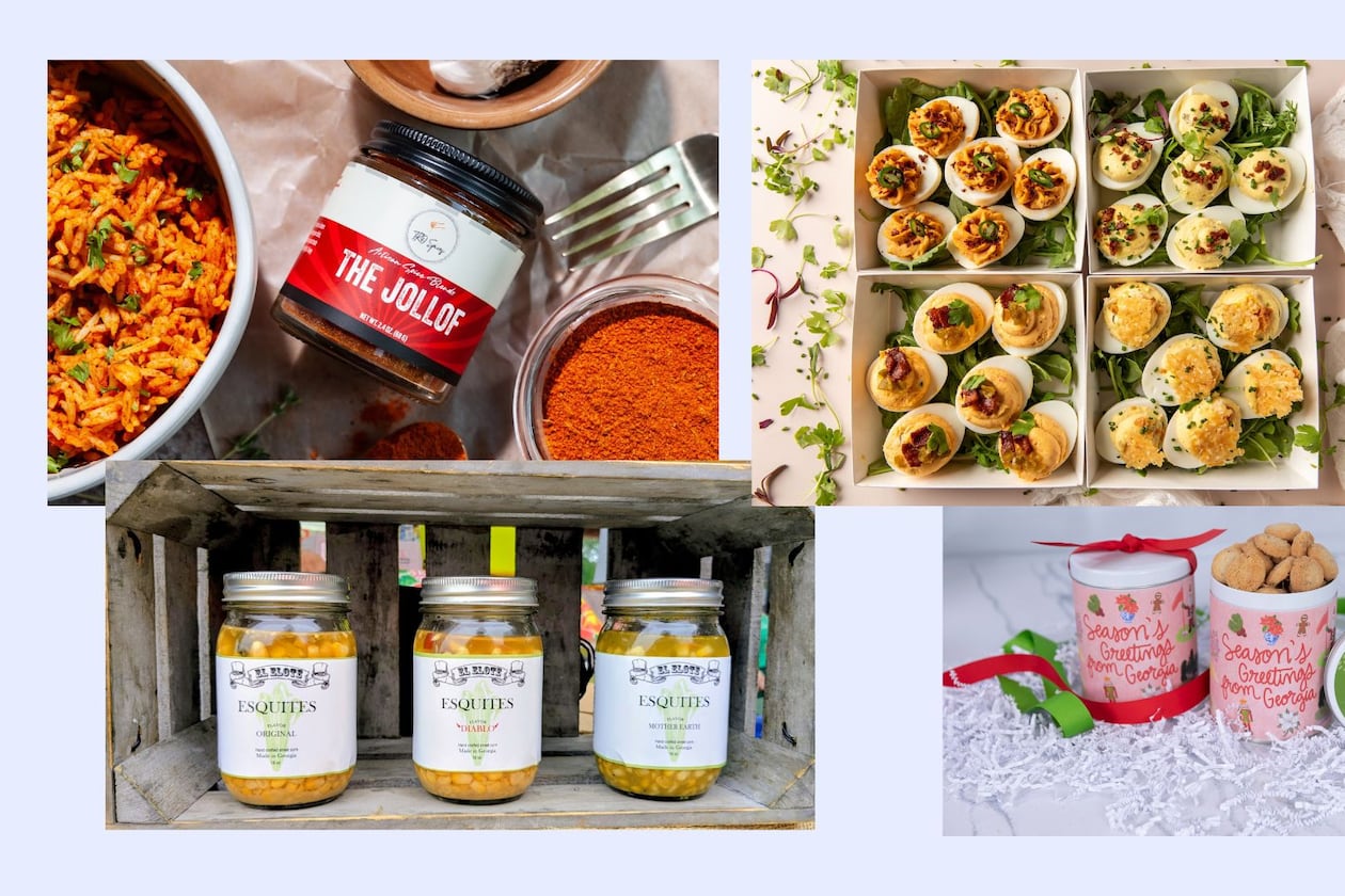A selection of Southern products to try in November include (clockwise from upper left) Jollof spice blend, esquites in a jar, pecan shortbread and gourmet deviled eggs. (Photos courtesy of TKO Spices/LeAnn Reid; Alexandra Hernandez; Eggalicious/Madelynne Grace; Watanut)