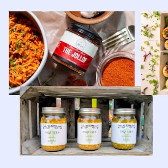 A selection of Southern products to try in November include (clockwise from upper left) Jollof spice blend, esquites in a jar, pecan shortbread and  gourmet deviled eggs. (Photos courtesy of TKO Spices/LeAnn Reid; Alexandra Hernandez; Eggalicious/Madelynne Grace; Watanut)