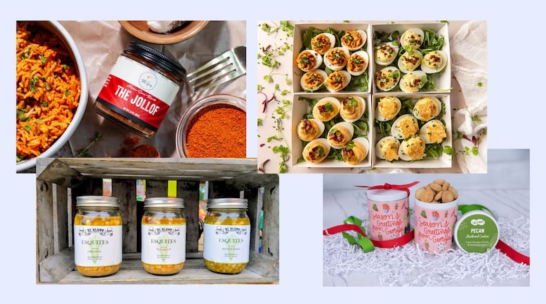 A selection of Southern products to try in November include (clockwise from upper left) Jollof spice blend, esquites in a jar, pecan shortbread and gourmet deviled eggs. (Photos courtesy of TKO Spices/LeAnn Reid; Alexandra Hernandez; Eggalicious/Madelynne Grace; Watanut)