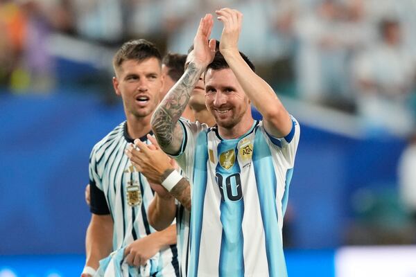 Argentina's Lionel Messi celebrates after a World Cup round of 32 soccer match against Cape Verde in Miami Gardens, Fla., last week. (Rebecca Blackwell/AP)