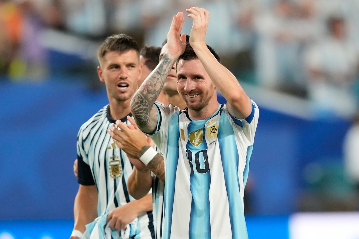 Argentina's Lionel Messi celebrates after the World Cup round of 32 soccer match against Cape Verde in Miami Gardens, Fla., Friday, July 3, 2026. (AP Photo/Rebecca Blackwell)