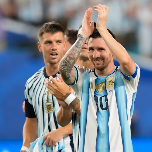 Argentina's Lionel Messi celebrates after the World Cup round of 32 soccer match against Cape Verde in Miami Gardens, Fla., Friday, July 3, 2026. (AP Photo/Rebecca Blackwell)