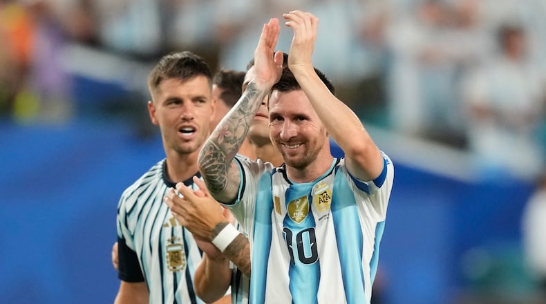 Argentina's Lionel Messi celebrates after the World Cup round of 32 soccer match against Cape Verde in Miami Gardens, Fla., Friday, July 3, 2026. (AP Photo/Rebecca Blackwell)
