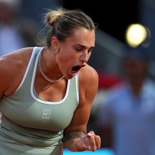Aryna Sabalenka of Belarus celebrates a point during her match against Hailey Baptiste of the U.S. during the Madrid Open tennis tournament in Madrid, Tuesday, April 28, 2026. (AP Photo/Manu Fernandez)