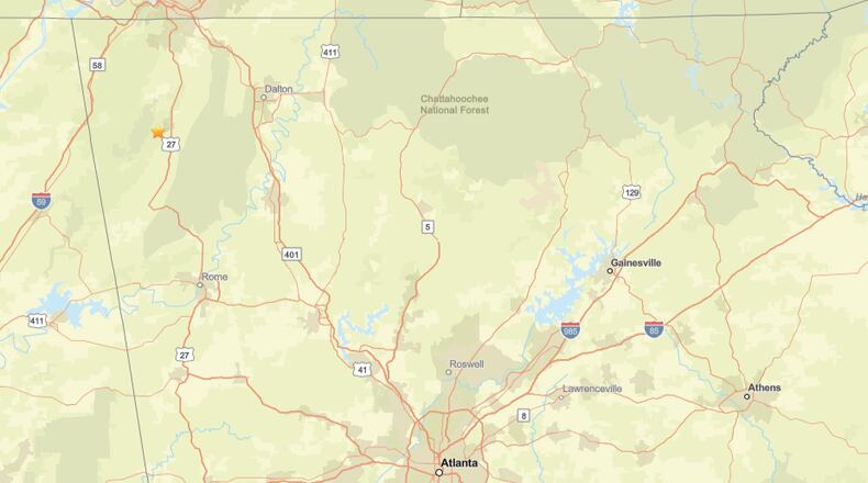 The earthquake originated Sunday in Walker County in northwest Georgia. (Courtesy of United States Geological Survey)