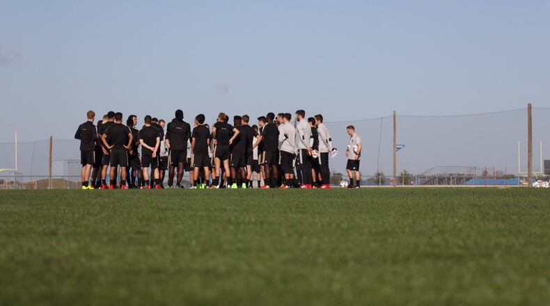 The team’s first huddle at IMG Academy in Bradenton, Fla. (Atlanta United)