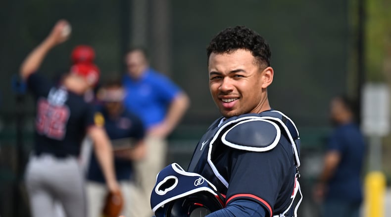 Atlanta Braves catcher Drake Baldwin reacts as he watches teammates during spring training workouts at CoolToday Park, Sunday, February 16, 2025, North Port, Florida. (Hyosub Shin / AJC)