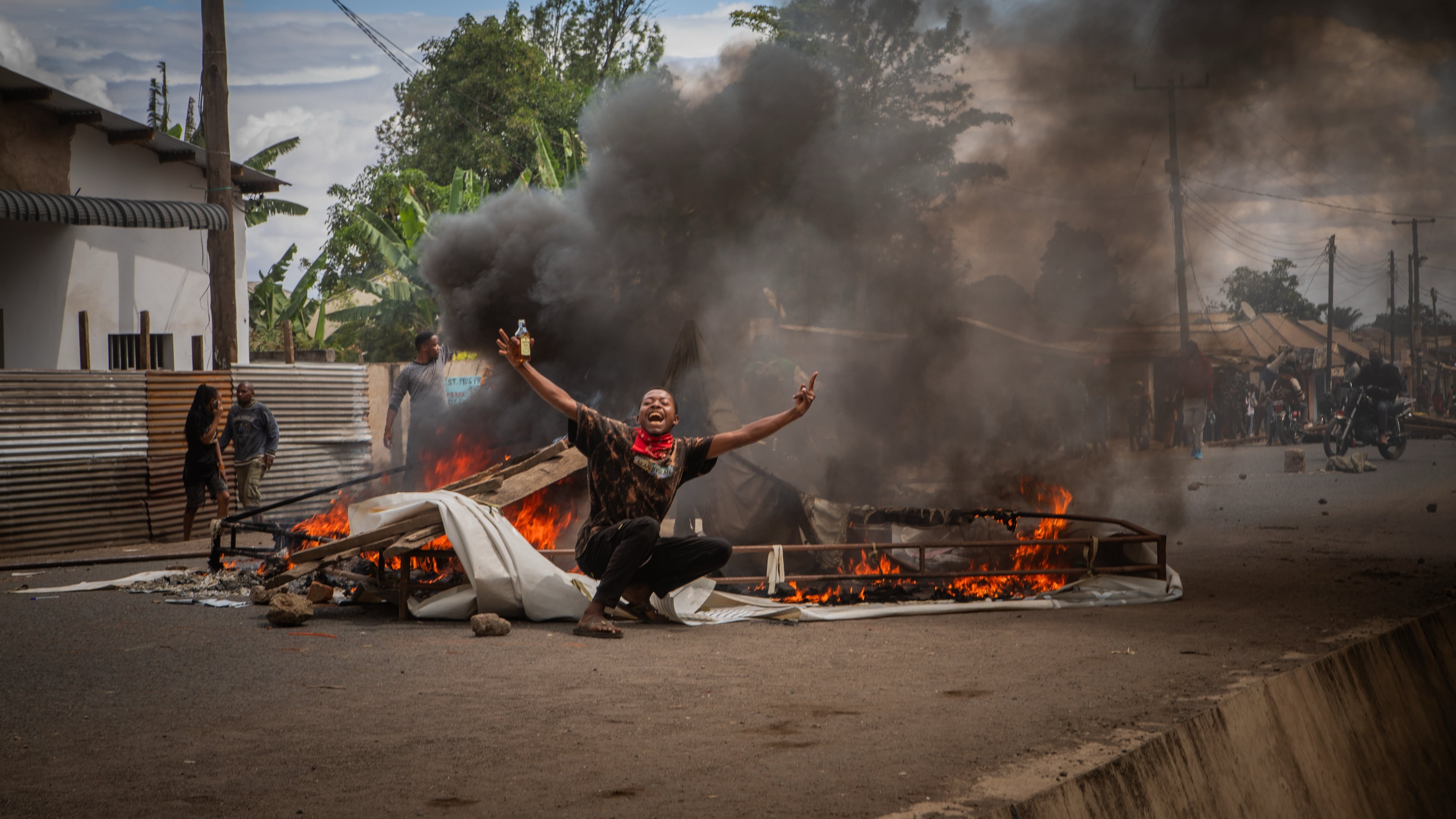 People protest in the streets of Arusha, Tanzania, on election day Wednesday, Oct. 29, 2025. (AP Photo/str)