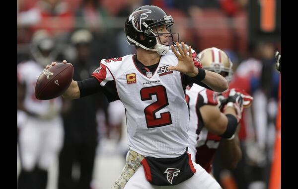 Atlanta Falcons quarterback Matt Ryan (2) passes against the San Francisco 49ers during the first half of an NFL football game in Santa Clara, Calif., Sunday, Nov. 8, 2015. (AP Photo/Ben Margot)