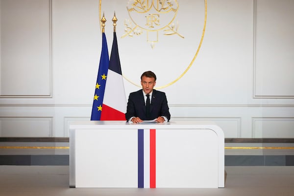 French President Emmanuel Macron holds a news conference at the Elysee Palace, in Paris, Friday, June 13, 2025. (AP Photo/Michel Euler, Pool)
