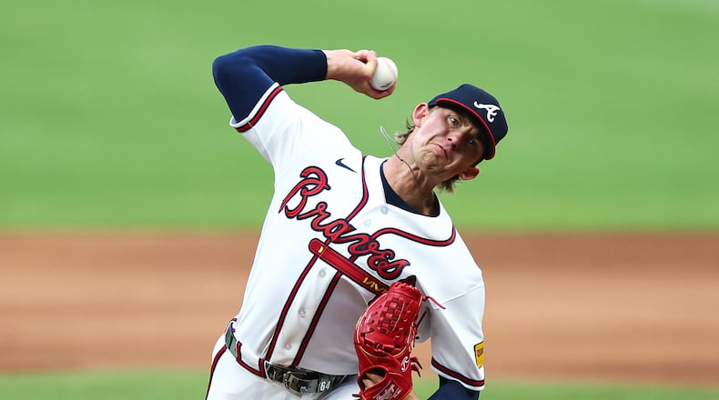 Hurston Waldrep delivers a pitch in the Braves' game against the Cardinals on July 2, 2026, in Atlanta. (Colin Hubbard/AP)