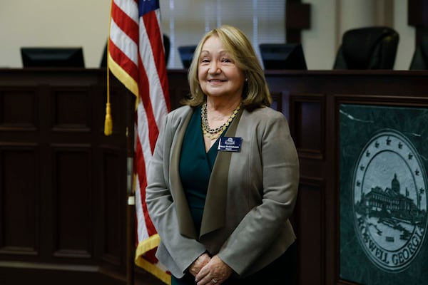 Roswell Mayor Mary Robichaux poses for a photograph after taking the oath during her official swearing-in ceremony in the council chamber at Roswell City Hall on Monday, Jan. 5, 2026. (Miguel Martinez/AJC)