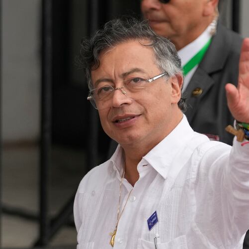 FILE - Colombian President Gustavo Petro arrives at the presidential palace in Panama City, Jan. 28, 2026. (AP Photo/Matias Delacroix, File)