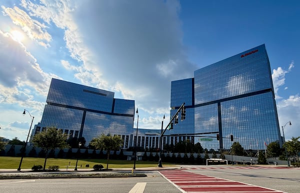 The Park Center 2 and 3 towers in Dunwoody, which are occupied by insurance giant State Farm, have been listed for sale. The site includes zoning to add apartments and a hotel. The towers were photographed Monday, Sept. 21, 2026. (J. Scott Trubey/AJC)