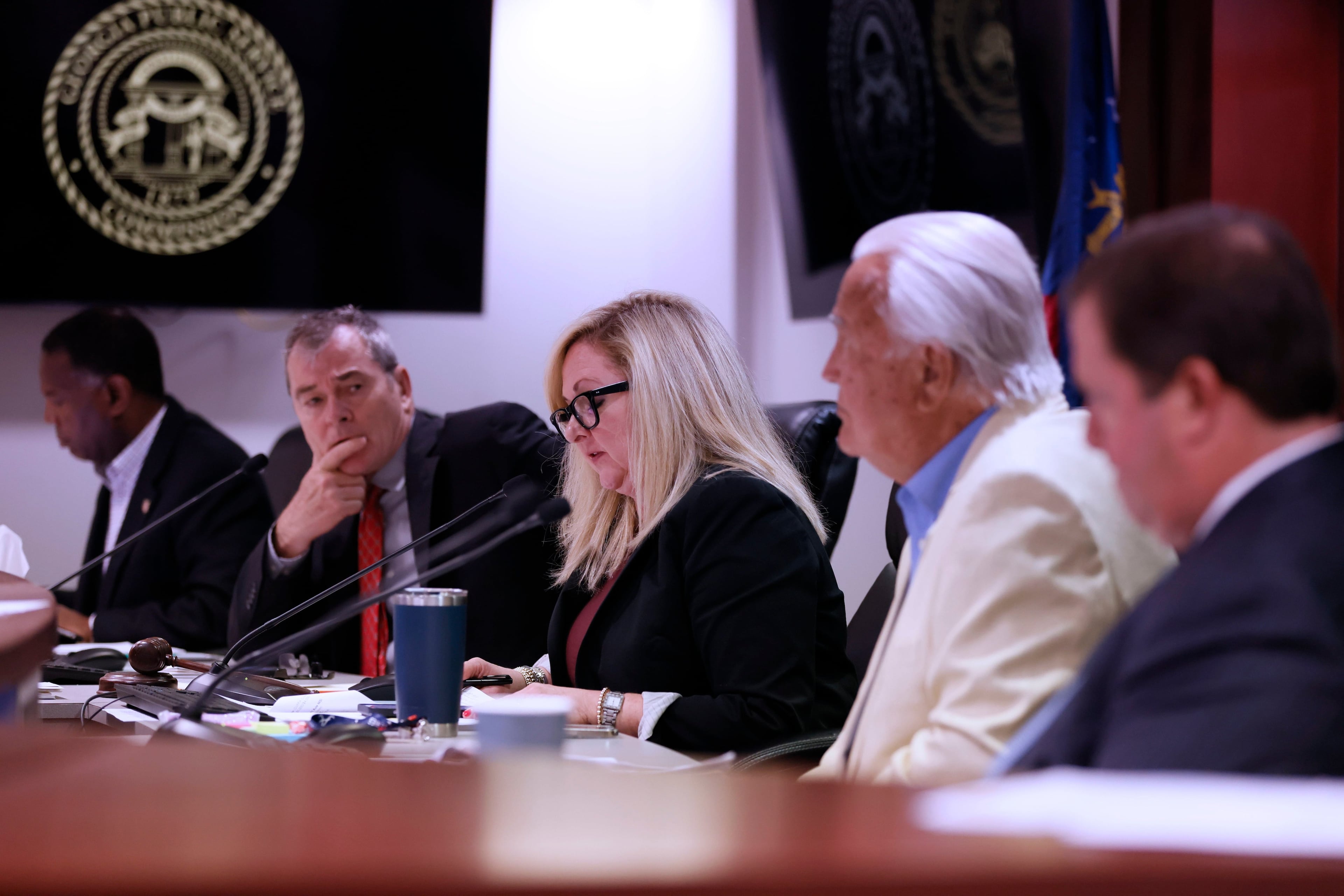 Members of the Georgia Public Service Commission during a 2024 hearing. (Miguel Martinez/AJC/TNS)