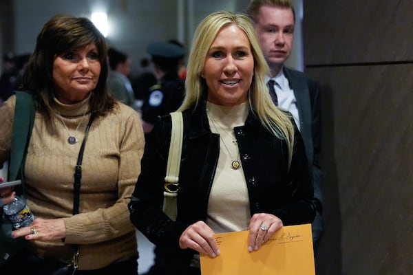U.S. Rep. Marjorie Taylor Greene, R-Ga., departs a briefing on military strikes near Venezuela, Tuesday, Dec. 16, 2025, at the Capitol in Washington. (Julia Demaree Nikhinson/AP)