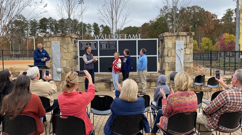 Milton recently unveiled the latest four citizens honored on the city’s Wall of Fame at Bell Memorial Park, three who were in attendance. COURTESY CITY OF MILTON
