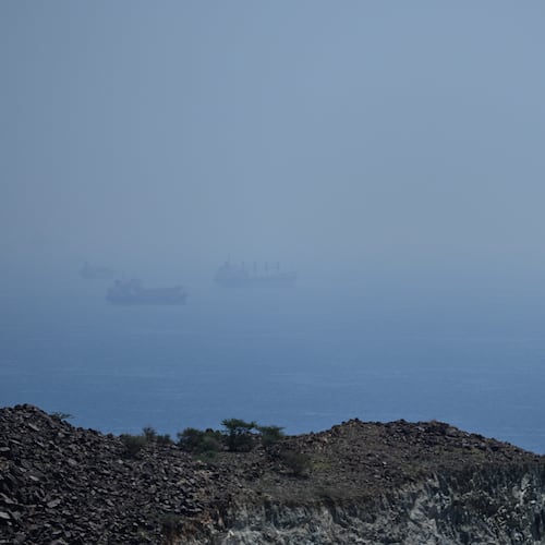 Tankers and bulk carriers anchored in the Strait of Hormuz, Saturday, April 18, 2026. (AP Photo)