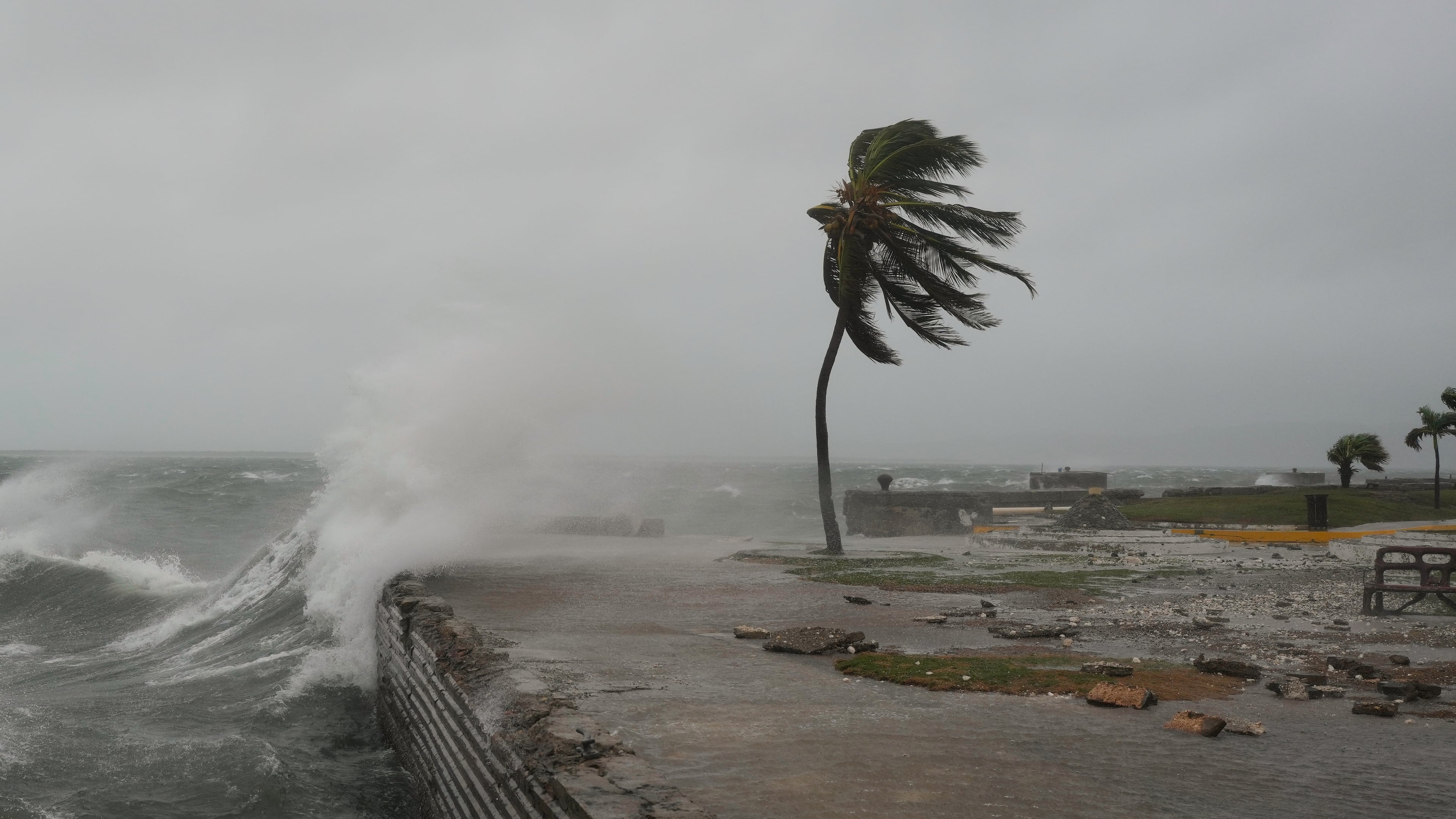 Waves splash in Kingston, Jamaica, as Hurricane Melissa approaches, Tuesday, Oct. 28, 2025. (AP Photo/Matias Delacroix)