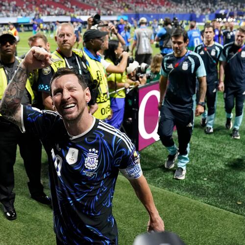 Argentina's Lionel Messi (10) reacts as he leaves the ground after their win in the World Cup semifinal soccer match between England and Argentina in Atlanta, Wednesday, July 15, 2026. (AP Photo/Jacob Kupferman)