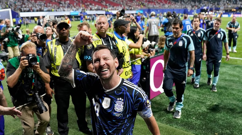 Argentina's Lionel Messi (10) reacts as he leaves the ground after their win in the World Cup semifinal soccer match between England and Argentina in Atlanta, Wednesday, July 15, 2026. (AP Photo/Jacob Kupferman)