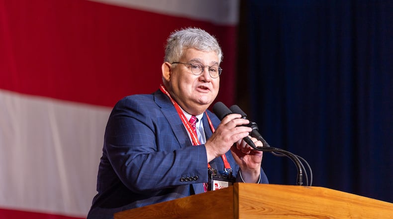 Outgoing Georgia GOP Chairman David Shafer introduces a speaker at the Georgia GOP convention in Columbus, Georgia on Friday, June 9, 2023. (Arvin Temkar/The Atlanta Journal-Constitution/TNS)
