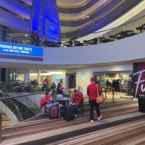 Indiana fans hang out at the Marriott Marquis hotel in downtown Atlanta on Saturday, Jan. 10, 2026, following the team’s dominant Friday night win over the Oregon Ducks in the Peach Bowl. (Jason Armesto/AJC)