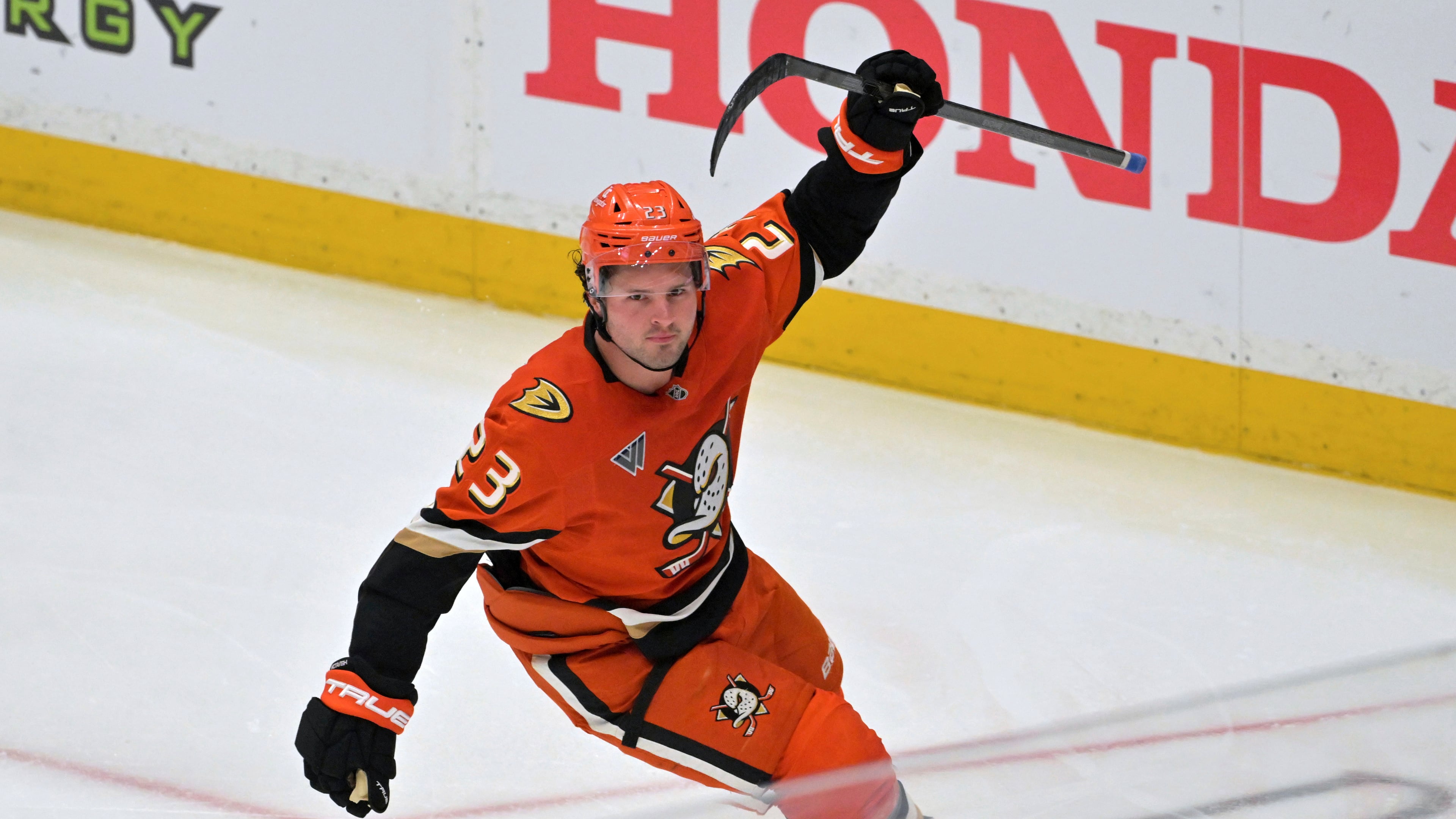 FILE - Anaheim Ducks center Mason McTavish celebrates after scoring a goal during the third period of an NHL hockey game against the Edmonton Oilers, April 7, 2025, in Anaheim, Calif. (AP Photo/Jayne Kamin-Oncea, file)