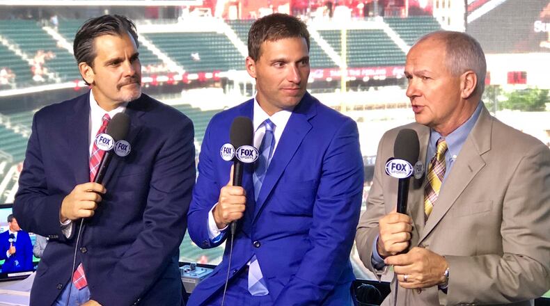 Jeff Francoeur, center, stakes out his spot in the Braves broadcast booth with Chip Caray and Joe Simpson (Photo courtesy Fox Sports South)