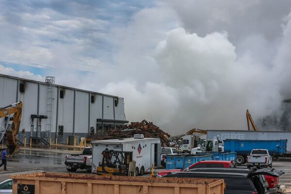 A large plume from a fire is visible over the BioLab facility in Conyers on Tuesday, Oct. 1, 2024. (John Spink/AJC)