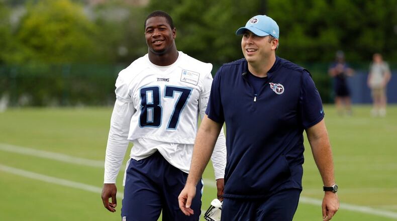 Tight end Jonnu Smith and coach Arthur Smith are reuniting in Atlanta. They both worked for the Titans. (AP file photo/Mark Humphrey)