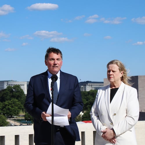 Canada-U.S. Trade Minister Dominic LeBlanc and Chief Trade Negotiator Janice Charette speak during a press conference on the roof of the Canadian Embassy in Washington, D.C., on Tuesday, June 2, 2026. (Kelly Geraldine Malone/The Canadian Press via AP)