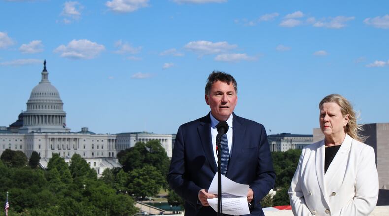 Canada-U.S. Trade Minister Dominic LeBlanc and Chief Trade Negotiator Janice Charette speak during a press conference on the roof of the Canadian Embassy in Washington, D.C., on Tuesday, June 2, 2026. (Kelly Geraldine Malone/The Canadian Press via AP)