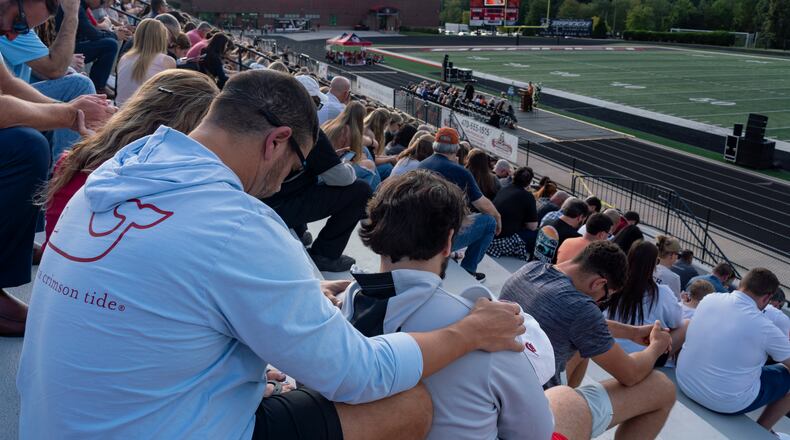 Hundreds gather Sunday at Flowery Branch High School  to celebrate the life of Ricky Aspinwall II. Aspinwall was one of the four people killed during the mass shootings at Apalachee High School in Barrow County. (Ben Hendren for The Atlanta Journal-Constitution)