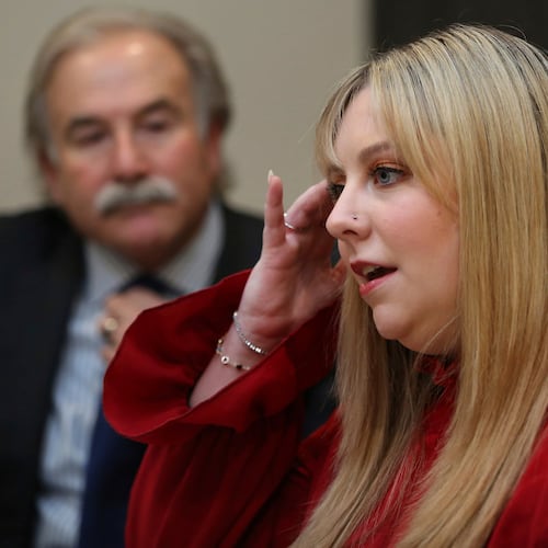 CORRECTS SHOOTING TO 2023, NOT LAST YEAR - FILE - Abby Zwerner, a teacher who was shot at Richneck Elementary School in Newport News, Va., by her 6-year-old student in 2023, talks to reporter Peter Dujardin, Jan. 3, 2024, in Virginia Beach, Va. (Stephen M. Katz /The Virginian-Pilot via AP)