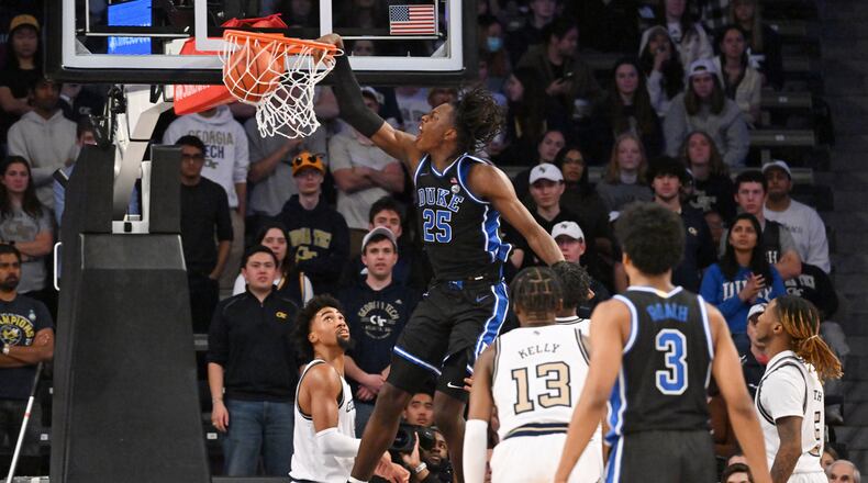 Duke forward Mark Mitchell dunks during the second half against host Georgia Tech last Saturday. The Yellow Jackets (8-13, 1-10 ACC) own their poorest league record after 11 games since the 2008-09 season and have lost nine league games by double digits. (Hyosub Shin / Hyosub.Shin@ajc.com)