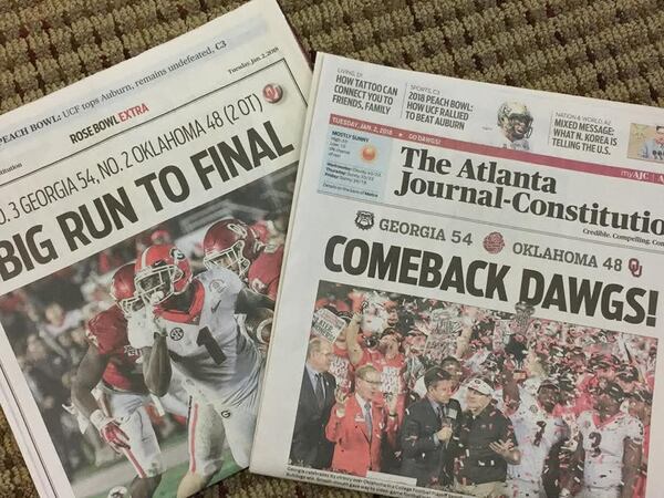 Jennifer Lunsford of Stockbridge remembers searching two stores to find the edition with the front page news announcing the comeback win by the Georgia Bulldogs in the 2018 Rose Bowl.