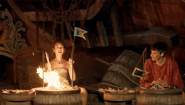 Savannah Louie beating Rizo Velovic in the final four fire challenge to make it to the final three. (CBS ©2025 CBS Broadcasting Inc.)