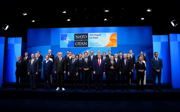 Canadian Prime Minister Mark Carney, front left, takes part in the official family photo during the NATO Summit in The Hauge, Netherlands on Wednesday, June 25, 2025. (Sean Kilpatrick/The Canadian Press via AP)