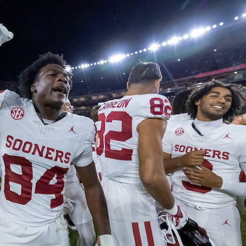 Oklahoma wide receiver Jer'Michael Carter (84) celebrates a 23-21 win over Alabama after an NCAA college football game, Saturday, Nov. 15, 2025, in Tuscaloosa, Ala. (AP Photo/Vasha Hunt)
