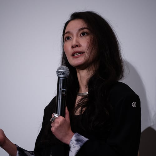 Director Shiori Itō speaks after the Japan premiere of "Black Box Diaries" at a cinema in Tokyo, Friday, Dec. 12, 2025. (AP Photo/Louise Delmotte)