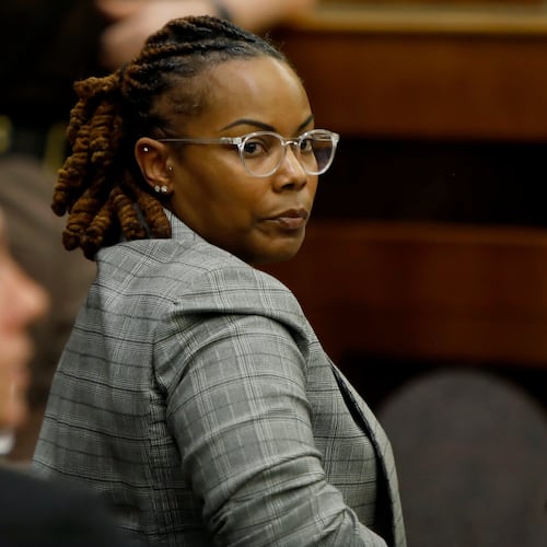 Former Richneck Elementary School assistant principal Ebony Parker looks back into the courtroom during Abby Zwerner's lawsuit against her Tuesday, Oct. 28, 2025, in Newport News, Va. (Stephen M. Katz/The Virginian-Pilot via AP, Pool)