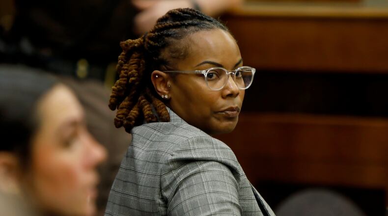 Former Richneck Elementary School assistant principal Ebony Parker looks back into the courtroom during Abby Zwerner's lawsuit against her Tuesday, Oct. 28, 2025, in Newport News, Va. (Stephen M. Katz/The Virginian-Pilot via AP, Pool)