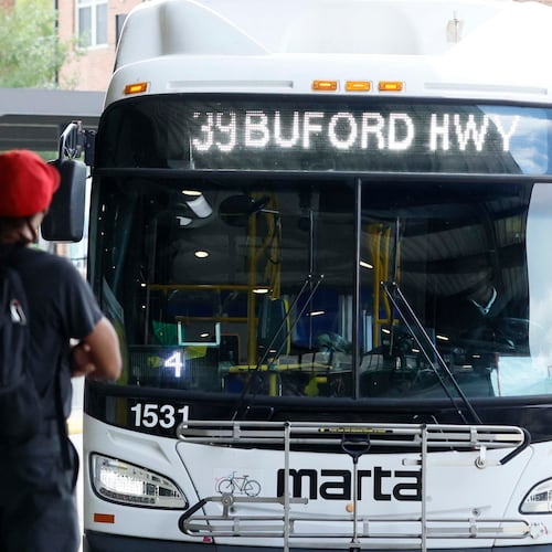 A Route 39 MARTA bus approaches the Lindbergh Center Station bus loop on Thursday, March 26, 2026. Riders have been facing disruptions and reliability issues ahead of the rollout of new bus routes beginning Saturday. The new routes will cover less distance geographically but will run more frequently. (Miguel Martinez/AJC)