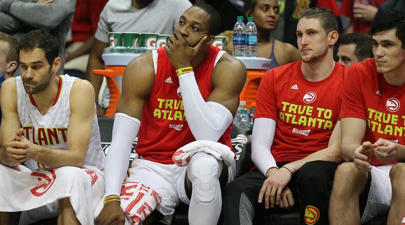 Atlanta Hawks Dwight Howard, who did not play in the fourth quarter, sits on the bench in a 115-99 loss to the Washington Wizards in game 6 of playoff series on Friday, April 28, 2017, in Atlanta. Howard was stopped by police for speeding after the game.